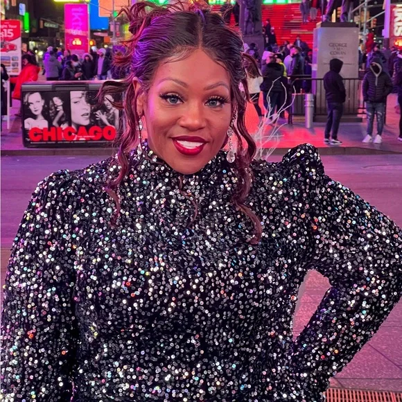 Silver Sequin Long Sleeve Gown with Mock Neck - Picture 3 of 11